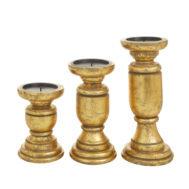 UMA 603046 Set of 3 Gold Wood Traditional Candle Holders 3