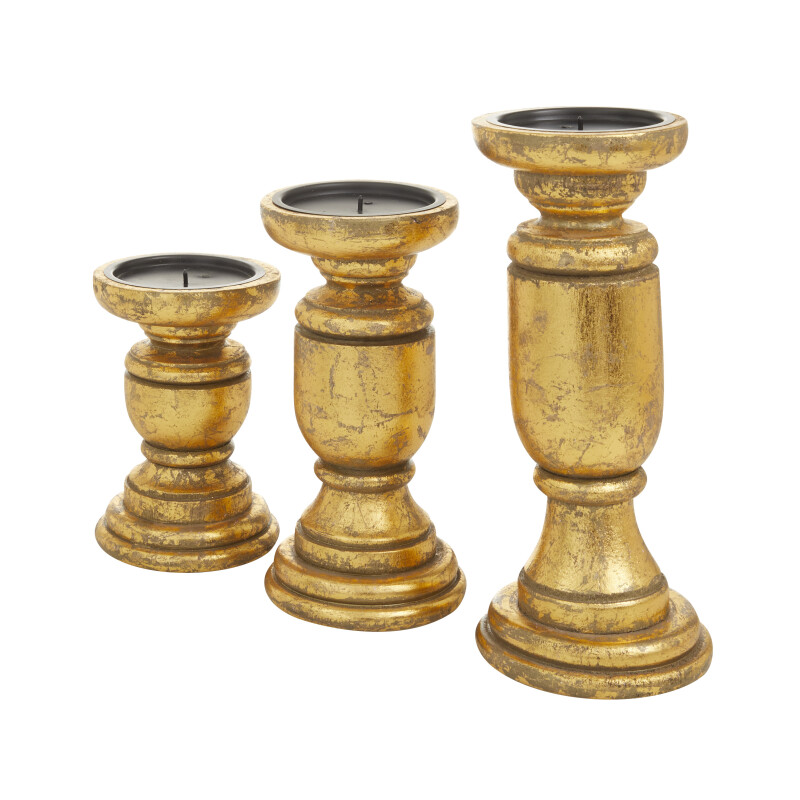 UMA 603046 Set of 3 Gold Wood Traditional Candle Holders 6