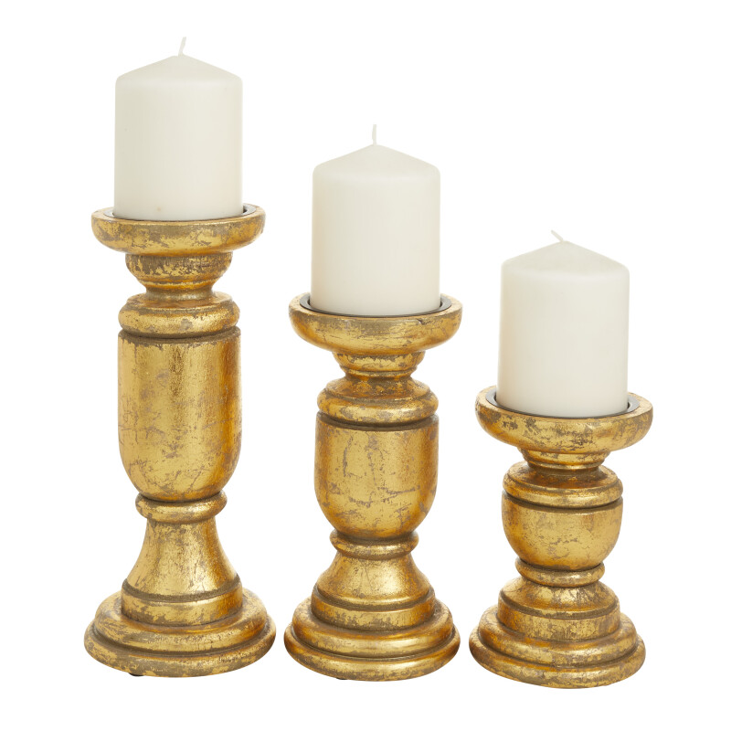 603046 Set of 3 Gold Wood Traditional Candle Holders, 10" x 4" x 4"