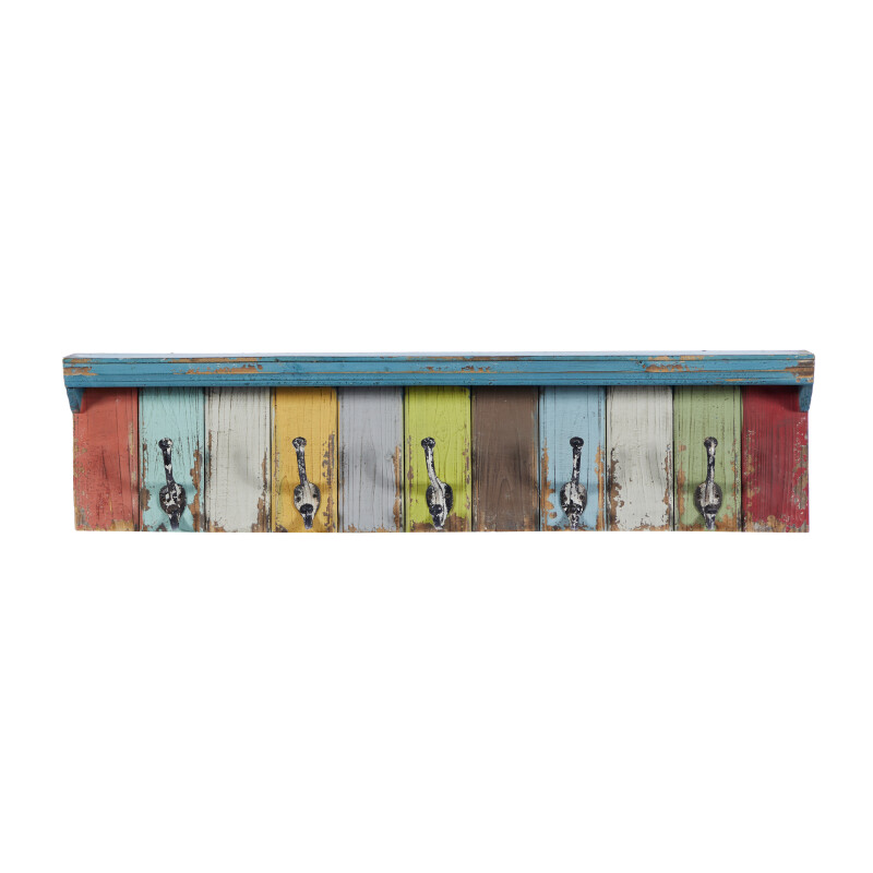603299 Multi Color Wood Coastal Wall Hooks with Shelf, 9" x 35" x 5"
