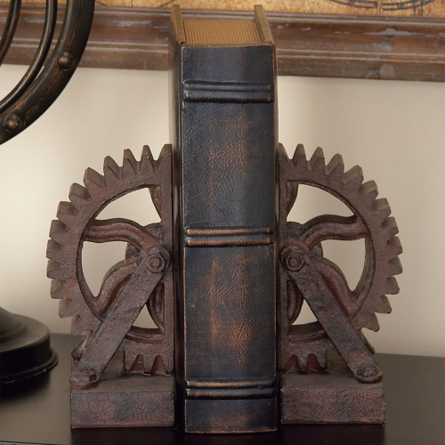 603324 Set of 2 Brown Polystone Industrial Gear Bookends, 7" x 5"