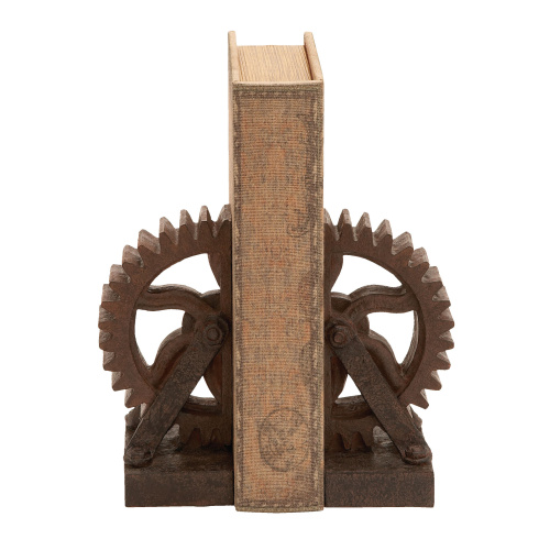 603324 Set of 2 Brown Polystone Industrial Gear Bookends, 7" x 5"
