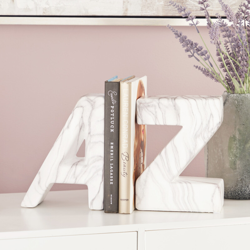 603747 CosmoLiving by Cosmopolitan Set of 2 White Dolomite Contemporary A Z Bookends, 6" x 8"