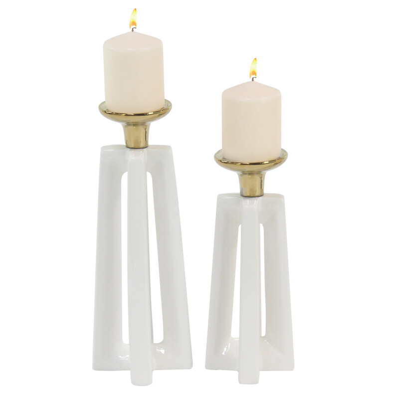 603770 CosmoLiving by Cosmopolitan Set of 2 White Ceramic Modern Candle Holder, 12", 14"