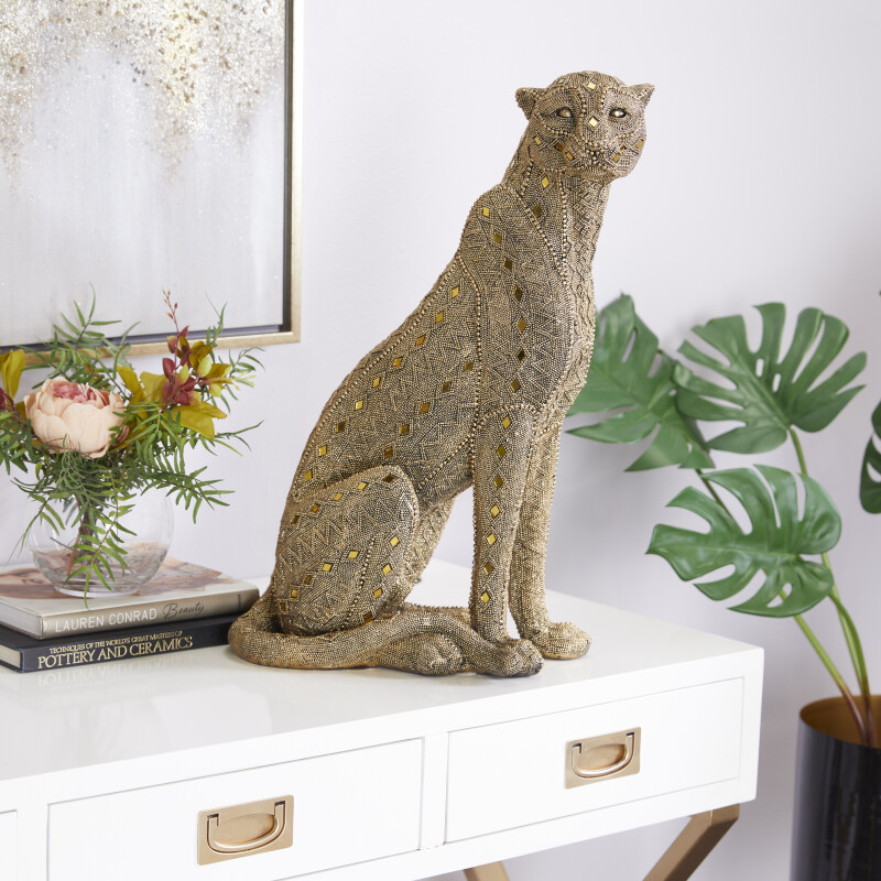 604355 Gold Polystone Encrusted Beading Leopard Sculpture with Diamond Shaped Mirrored Accent 8" x 14" x 21"