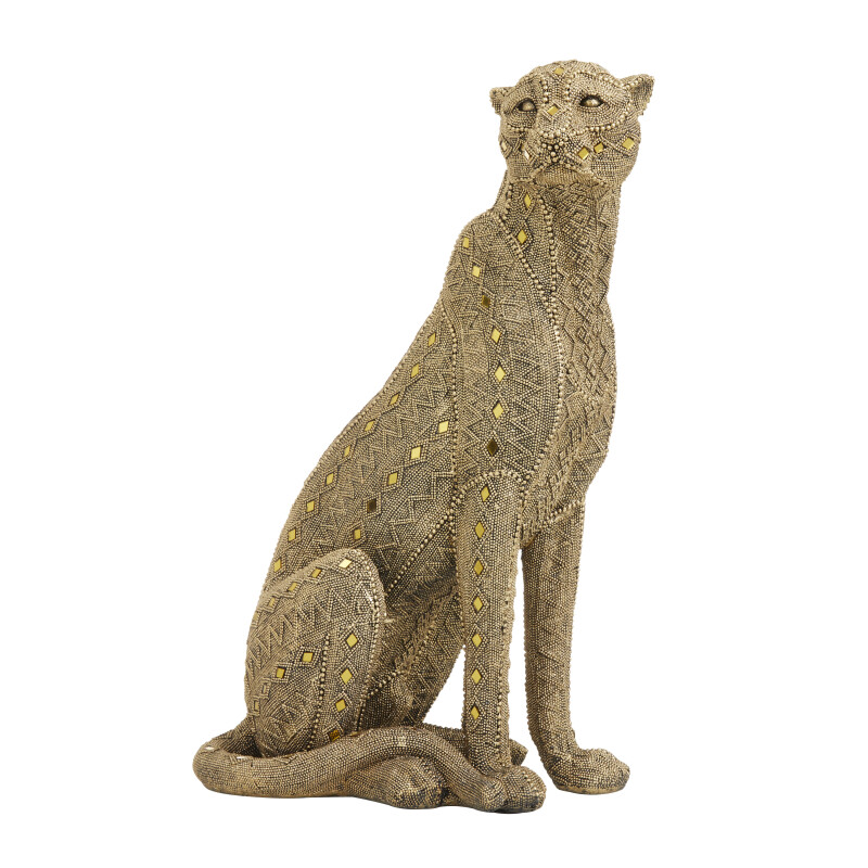 604355 Gold Polystone Encrusted Beading Leopard Sculpture with Diamond Shaped Mirrored Accent 8" x 14" x 21"