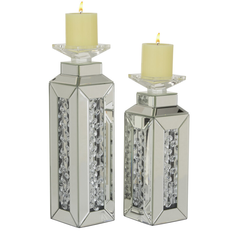 604419 Set of 2 Silver Wood Glam Candle Holder, 13", 16"