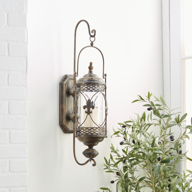 604458 Brown Glass Traditional Candle Wall Sconce, 30" x 10" x 8"