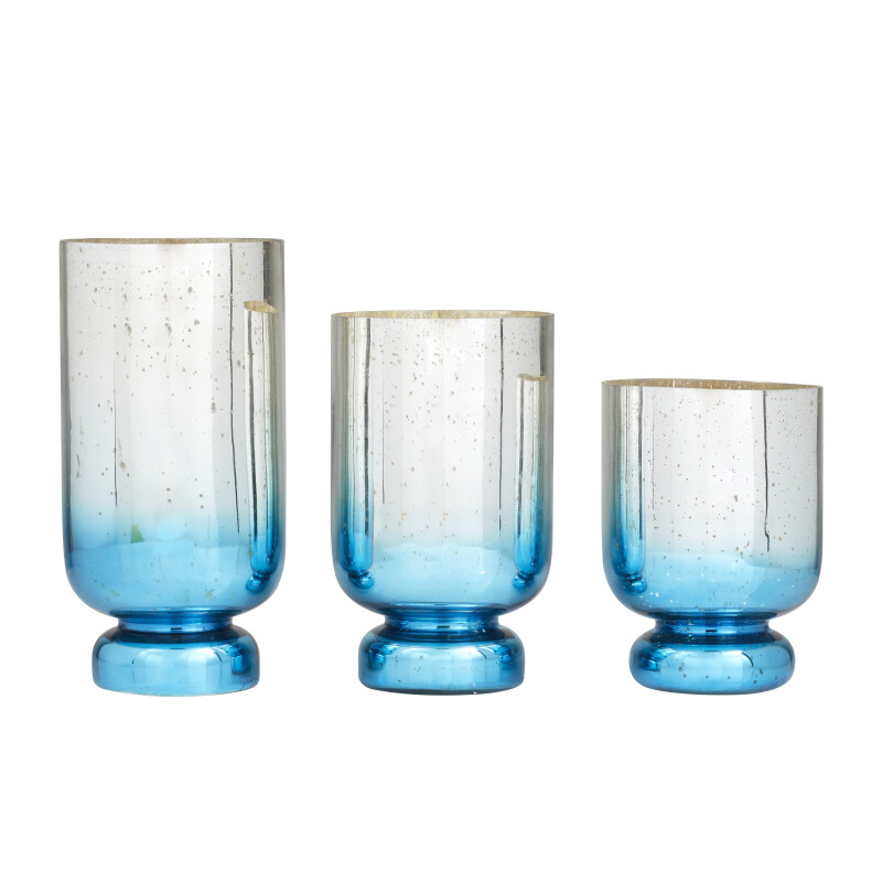 604940 Set of 3 Blue Glass Coastal Candle Holders, 12" x 6" x 6"