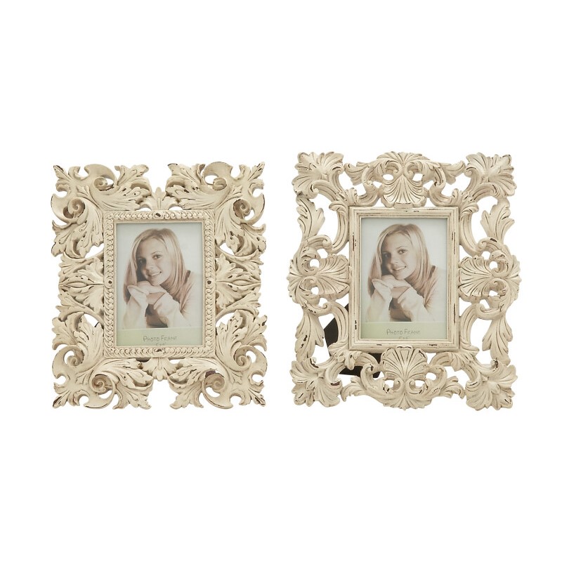 604963 Set of 2 White Polystone Traditional Photo Frame, 9" x 11"