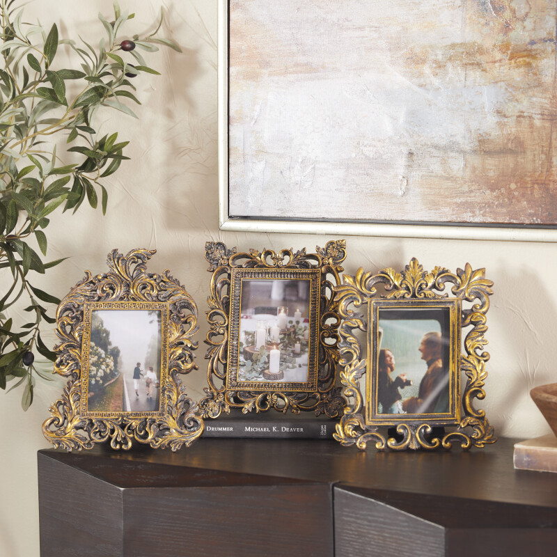 604964 Set of 3 Brass Polystone Traditional Photo Frame, 11", 10", 9"