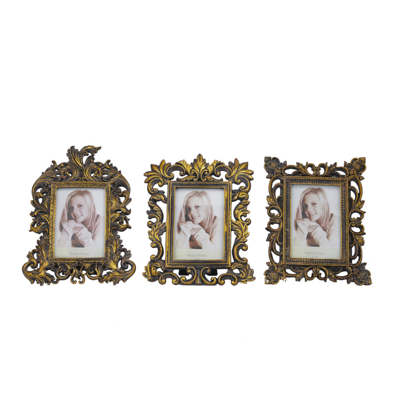 604964 Set of 3 Brass Polystone Traditional Photo Frame, 11", 10", 9"