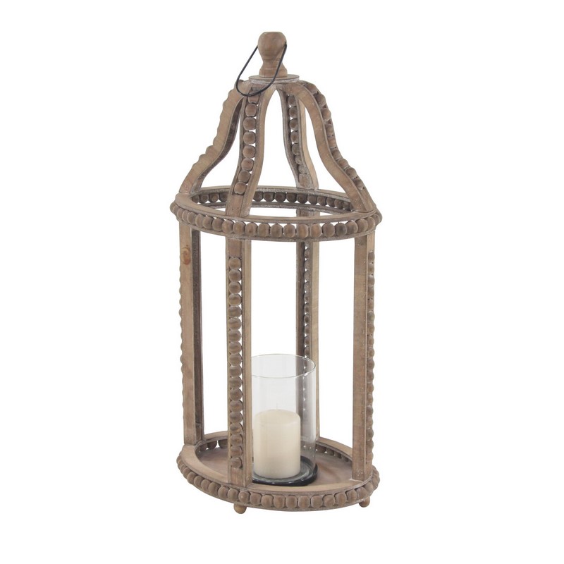 605013 Brown Recycled wood Natural Candle Holder Lantern, 29" x 13" x 10"