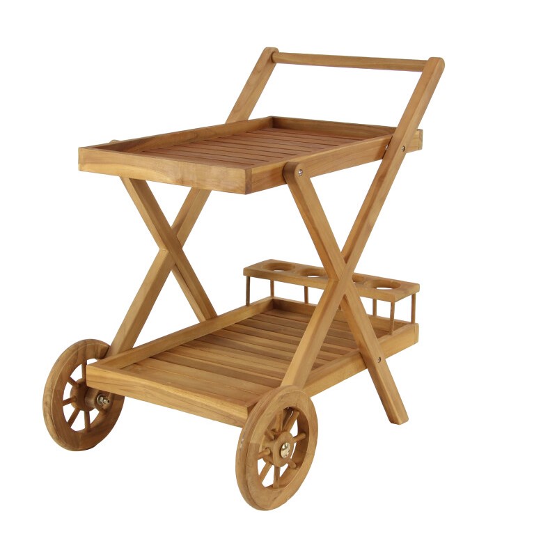 605017 Brown Teak wood Traditional Outdoor Rolling Serving Cart, 32" x 32" x 21"