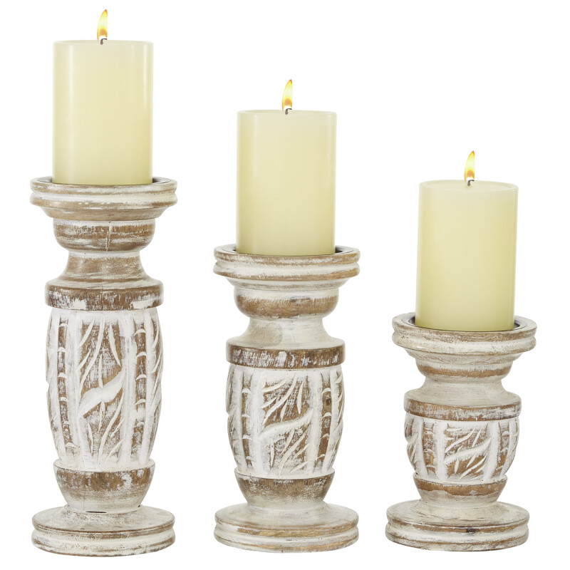 605073 Set of 3 White Wood Country Cottage Candle Holder, 6", 8", 10"
