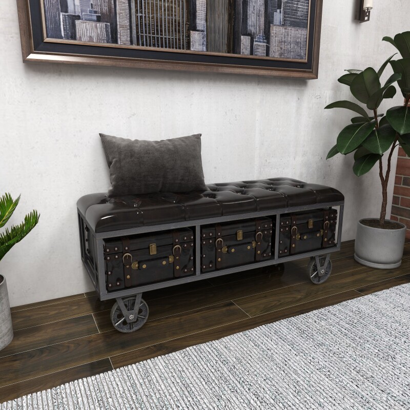 UMA 606037 Industrial Rectangular Black Faux Leather and Wood Storage Bench 3