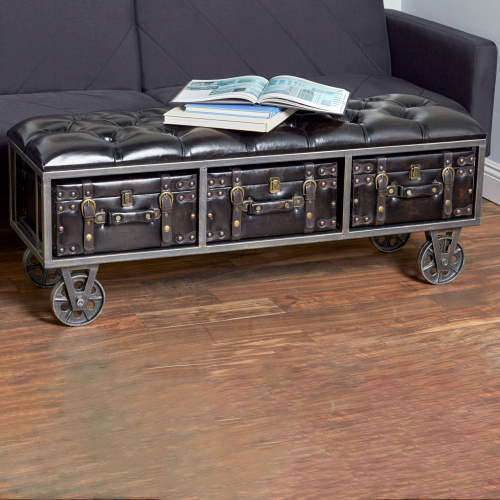 UMA 606037 Industrial Rectangular Black Faux Leather and Wood Storage Bench 6