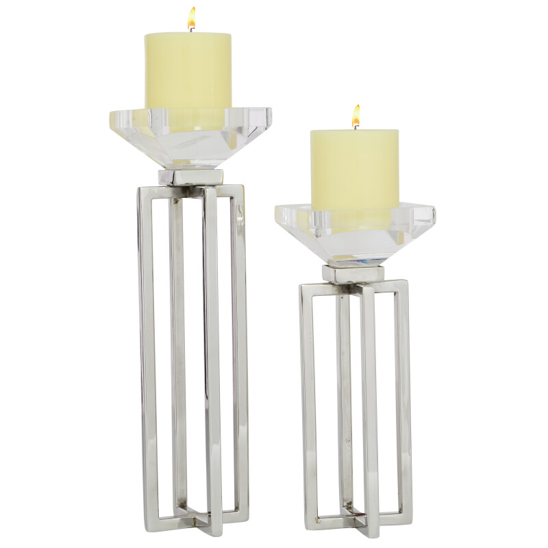 Set of 2 Silver Stainless Steel Glam Candle Holder, 10", 13"