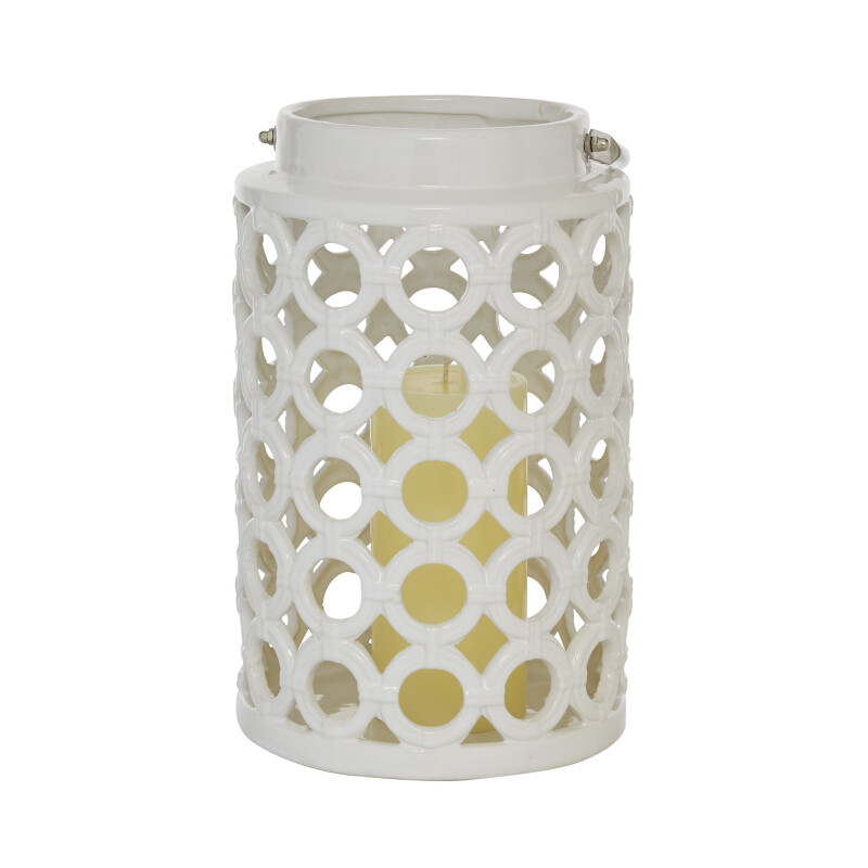 White Ceramic Contemporary Candle Holder Lantern, 11" x 7" x 8"