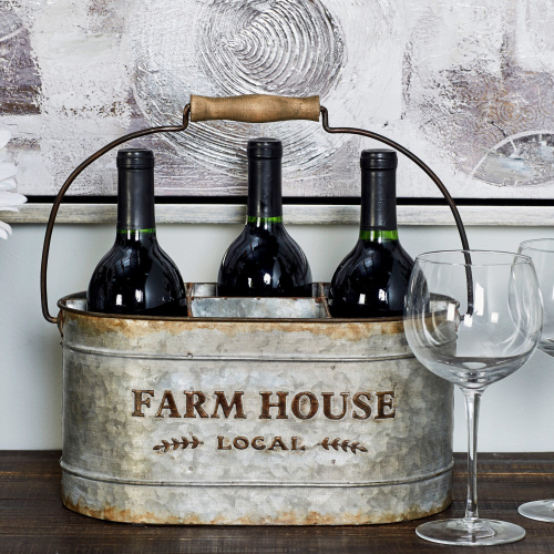606949 Grey Metal Farmhouse Wine Holder, 7" x 13" x 9"