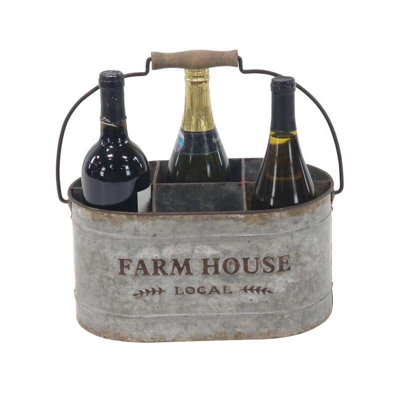 Grey Metal Farmhouse Wine Holder, 7" x 13" x 9"