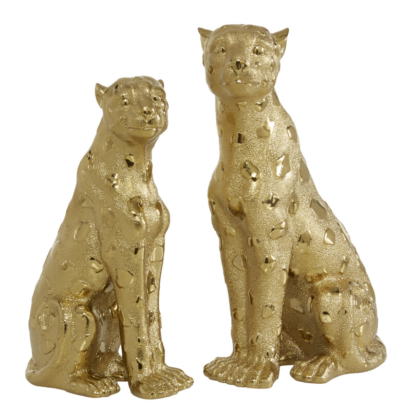 607041 Set of 2 Gold Porcelain Glam Leopard Sculpture, 10", 12"