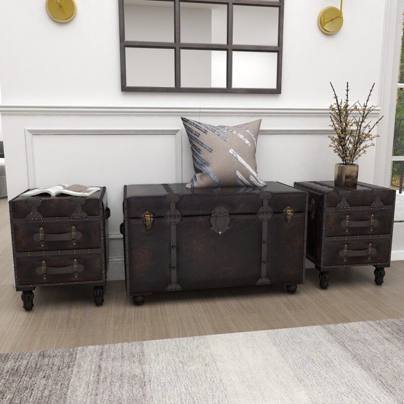 Set of 3 Brown Wood Traditional Storage Bench, 36