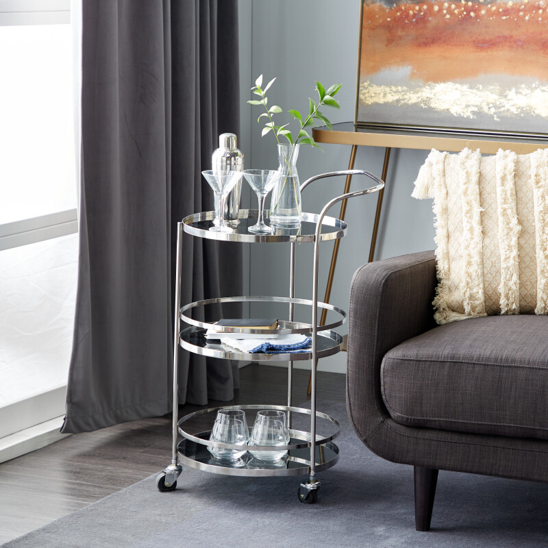 607129 Silver Stainless Steel Contemporary Bar Cart, 33" x 17" x 21"