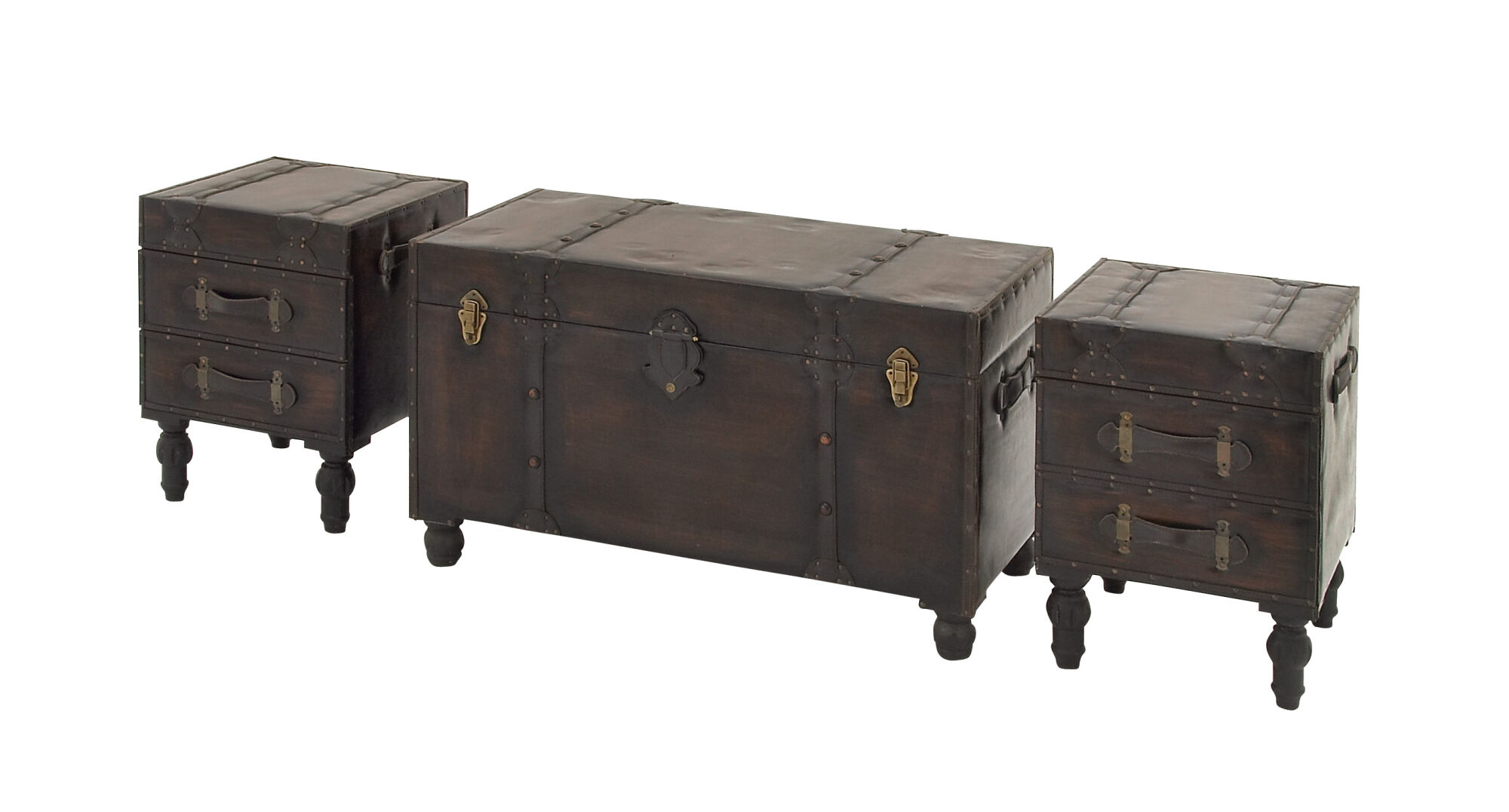 Set of 3 Brown Wood Traditional Storage Bench, 36