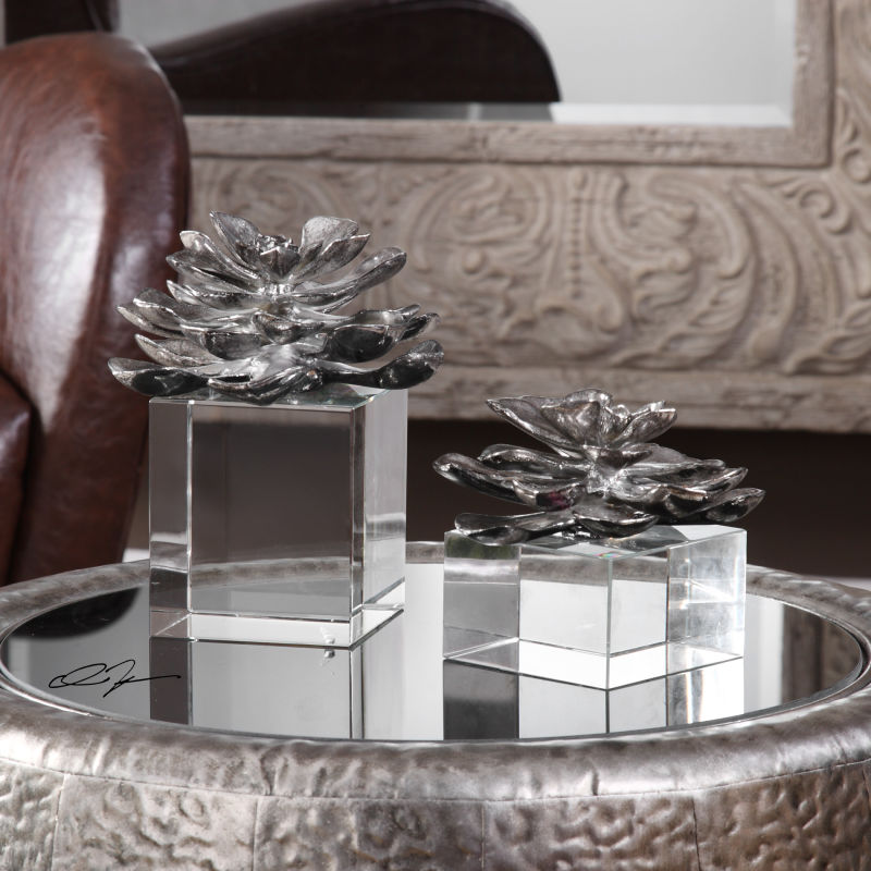 20158 Uttermost Indian Lotus Metallic Silver Flowers S/2