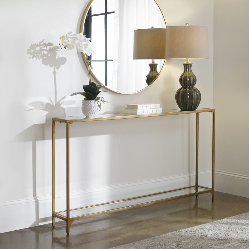 W23005 Cleo Mirror Topped Console Table in Gold, 56"W X 8"D  X 30"H