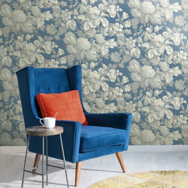 Antique Floral Wallpaper in Wedgwood Blue, Gray, White