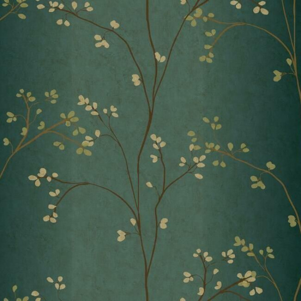 BR6224 Vertical Blossoms Wallpaper in Teal, Bronze Metallic, Powder Green