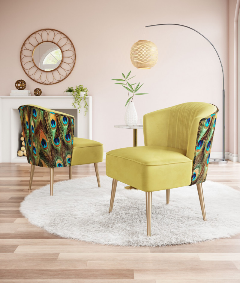 101872 Lifestyle2 Tabitha Accent Chair Green Gold Peacock Print