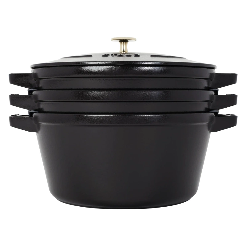 STAUB Cast Iron Set 4-pc, Stackable Space-Saving Cookware Set, Dutch Oven  with Universal Lid, Made in France, Dark Blue 
